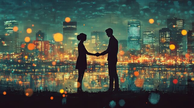 Handshake between partners with a cityscape background digital