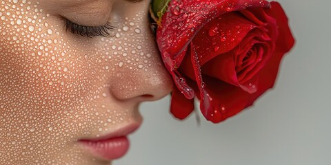 Fototapeta premium Silvery dewdrops resting on a velvety red rose in soft morning light
