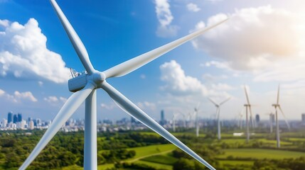 Fototapeta premium Pollution air solutions for a cleaner world. Wind turbines against a blue sky and city skyline in the background.