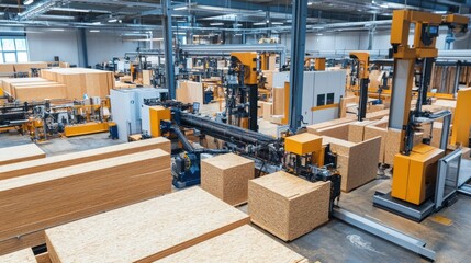 Automated machinery assembles particle board components in a spacious factory