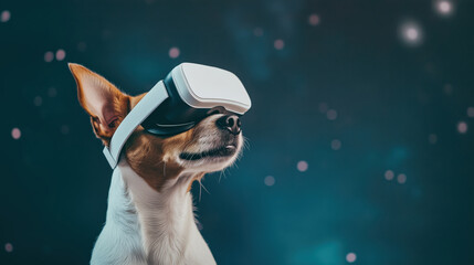 Chihuahua in VR headset against starry background. Digital entertainment concept