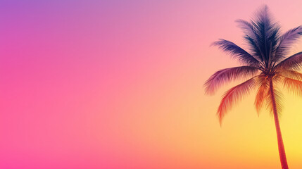 Fototapeta premium Tropical palm silhouette in vibrant gradient pink and yellow colors with copy space. Social media backdrop