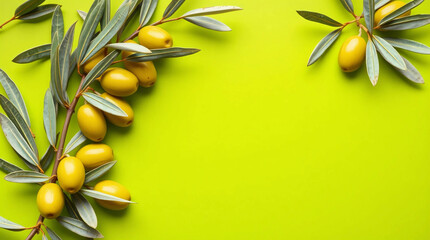Background olive branch on a green background. green olives. olive oil. green banner. copy space.