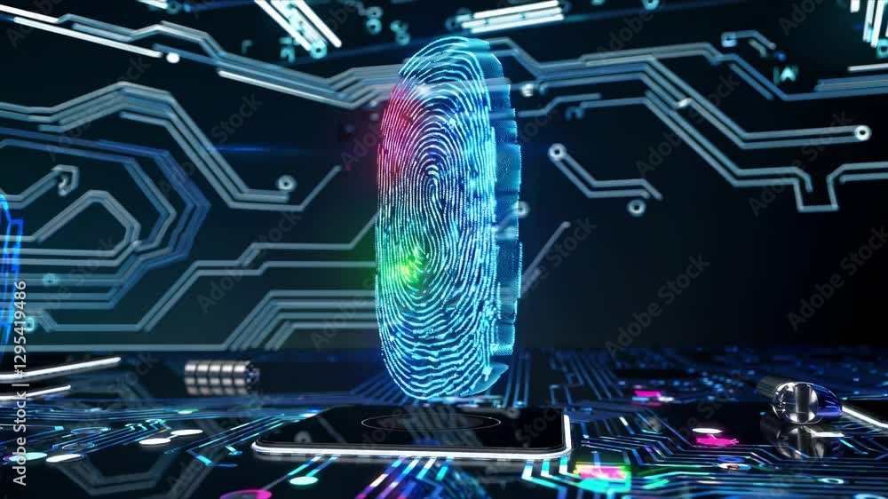 Poster futuristic video concept of a glowing fingerprint on a circuit board. top-down angle highlights digi