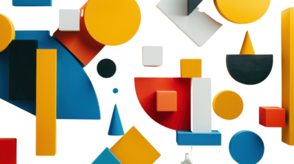 Colorful geometric shapes floating on transparent background: abstract 3d render