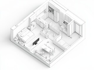 Small apartment floor plan isometric sketch, modern design