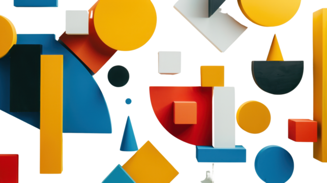 Colorful geometric shapes floating on transparent background: abstract 3d render