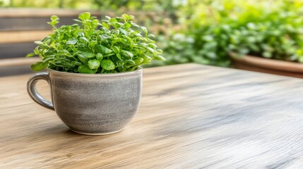 Grey Mug with Fresh Herbs on Wooden Table