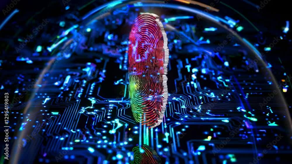 Poster futuristic video concept with a top-down angle of a glowing fingerprint on a digital circuit board, 