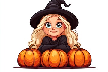 Cute Witch Girl with Pumpkins, Perfect for Halloween