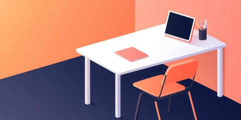 A minimalist workspace featuring a white desk, orange chair, tablet, and stationary, set against a warm, gradient wall.