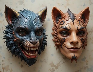 Intricate Feline and Canine Masks: A Dark Fantasy Sculpting Duo