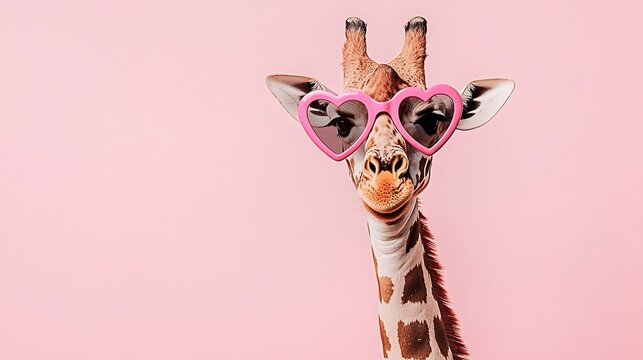 A Giraffe in Pink Heart Sunglasses Against a Pink Background: A Fashionable and Playful Image