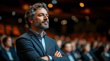 Fototapeta premium Confident Middle-Aged Man with Arms Crossed at a Conference