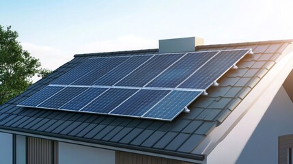 Naklejka premium Solar panels installed on a modern roof enhance energy efficiency in residential areas