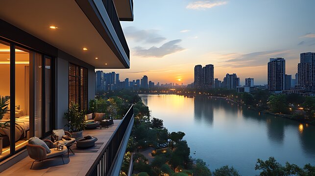 Luxury apartment balcony sunset city lake view