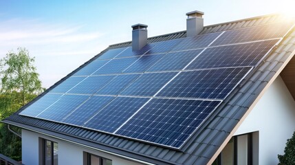 Fototapeta premium Solar panels installed on a house roof during a bright sunny day showcasing renewable energy technology