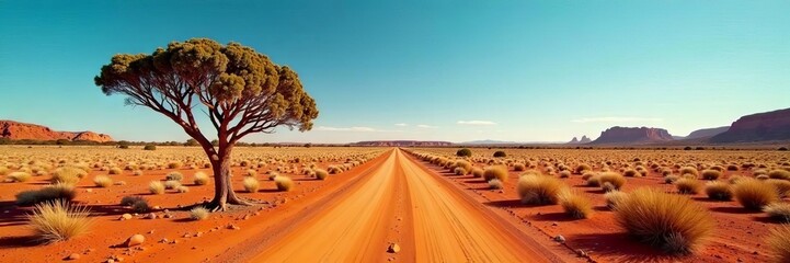 Naklejka premium Lone tree, red dirt highway, Western Australia, road, barren, heat