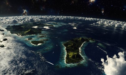 Tropical islands from space, clouds, stars, boats, aerial view, travel destination