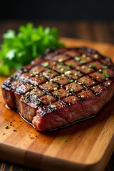 Perfectly seasoned flank steak, char marks visible, wooden serving board, dark, seasoned, rustic wood