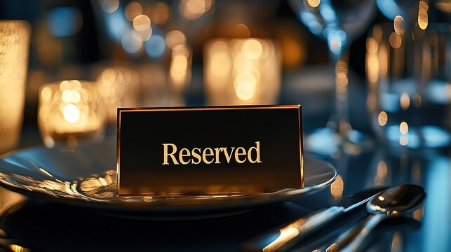 Small gold and black "Reserved" card text sign on a dinner setting on a table in luxury restaurant interior. Fine exclusive dining elegant space reservation, private banquet decoration, 8k image