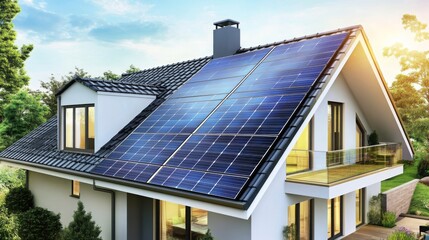 Fototapeta premium Modern house with solar panels on the roof surrounded by greenery in a sunny setting