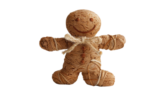 Gingerbread man voodoo doll with transparent background smiling with open arms