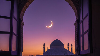 Naklejka premium Tranquil Arabic Mosque Design with Crescent Moon Illuminated by a Vibrant Purple Twilight Horizon Exterior Islamic Architecture Building Design Inspiration