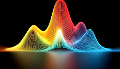 A vibrant abstract display shows colorful geometric data graphs