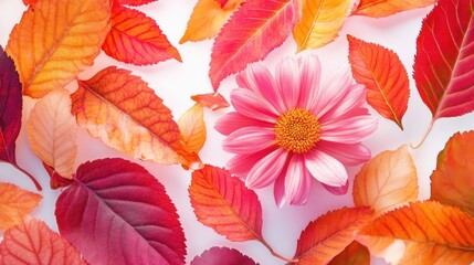 Colorful autumn leaves surround a pink flower on white background