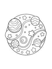 Cosmic Galaxy with Abstract Planets and Stars – Adult Coloring Book Page