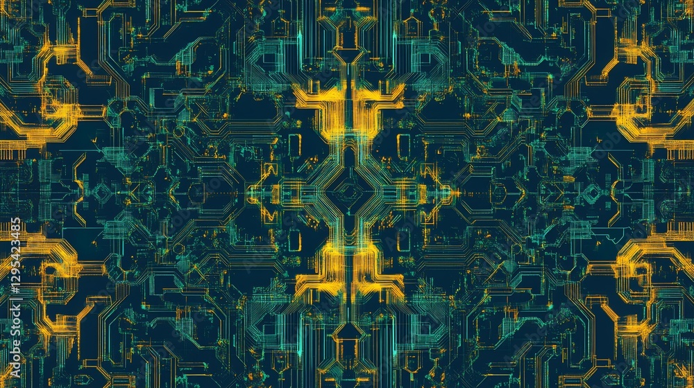 Poster abstract technology circuit board pattern with yellow and teal lines on dark blue background