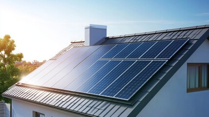 Fototapeta premium Solar panels installed on a modern house roof during a clear sunny day