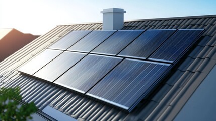 Solar panels installed on a residential rooftop in a sunlit neighborhood showcasing renewable energy solutions and sustainability efforts