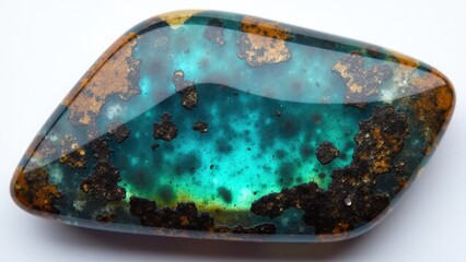 A polished apache tears stone with a mix of turquoise and brown hues, showcasing its unique patterns and colors.