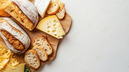 A flat lay of artisanal bread and cheese on a light wooden board with space for text. picture