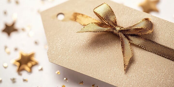 Stylish holiday gift tag with a metallic ribbon bow.