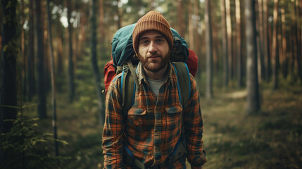 Obraz premium A traveler with a backpack in the forest.