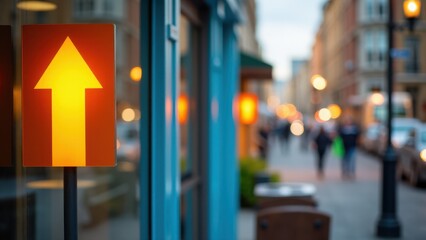 A bright orange arrow up signage is prominently displayed on a city street, directing pedestrians.