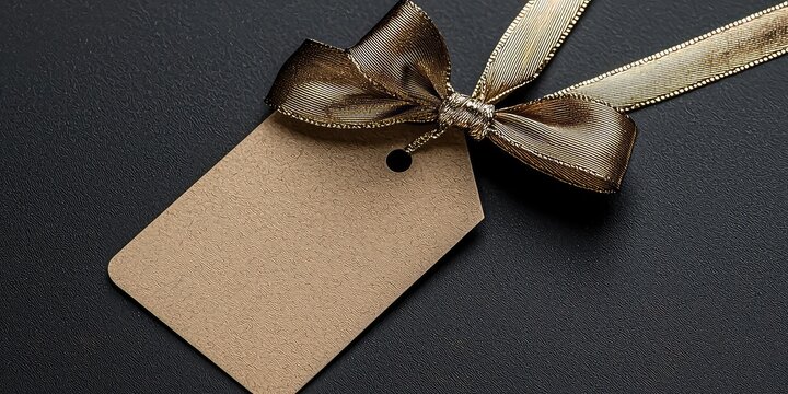 Stylish holiday gift tag with a metallic ribbon bow.