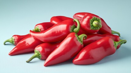 Red peppers piled on light-blue background