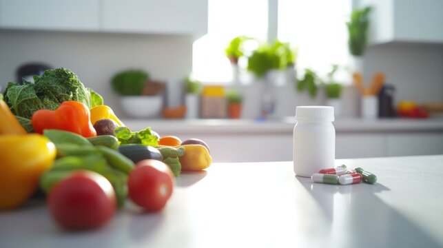 Obesity drug taken by a person in a bright kitchen. Featuring commitment and health focus