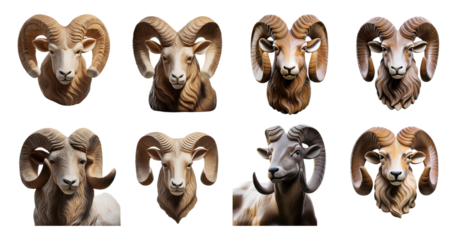 Detailed Illustrations of Ram Heads in Various Styles and Poses, isolated on transparent background