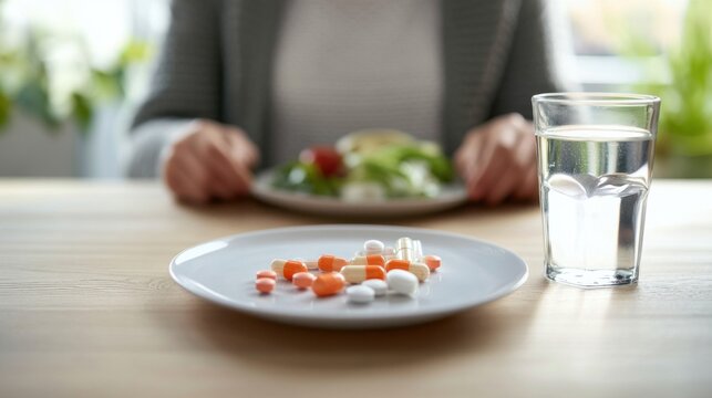 Obesity drug taken by a person while sitting at a dining table. Featuring commitment and health focus