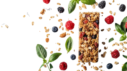 Cereal bar falling with fresh fruits, berries, and basil on transparent background