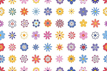 Colorful floral pattern with various flower shapes and colors on white background.