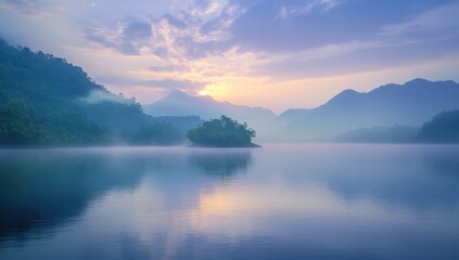 A serene lake at dawn with the sun rising over misty mountains, casting soft light on the calm waters and surrounding nature. The sky is painted in hues of blue and purple as clouds
