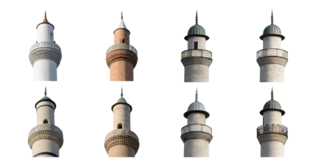 Collection of Distinct Minarets from Various Architectural Styles, isolated on transparent background