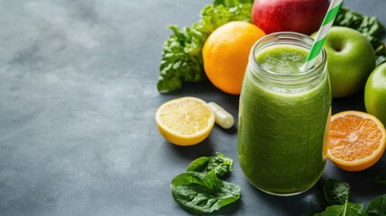 Fototapeta premium Obesity drug with a fresh smoothie on a kitchen table. Featuring health and well-being