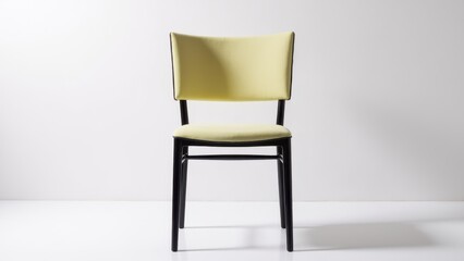 A modern banquet chair with a light yellow cushioned seat and backrest, and black legs, set against a plain white background.